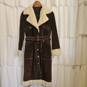 Taunt brown suede and faux fur-lined Boho Penny Lane style coat.